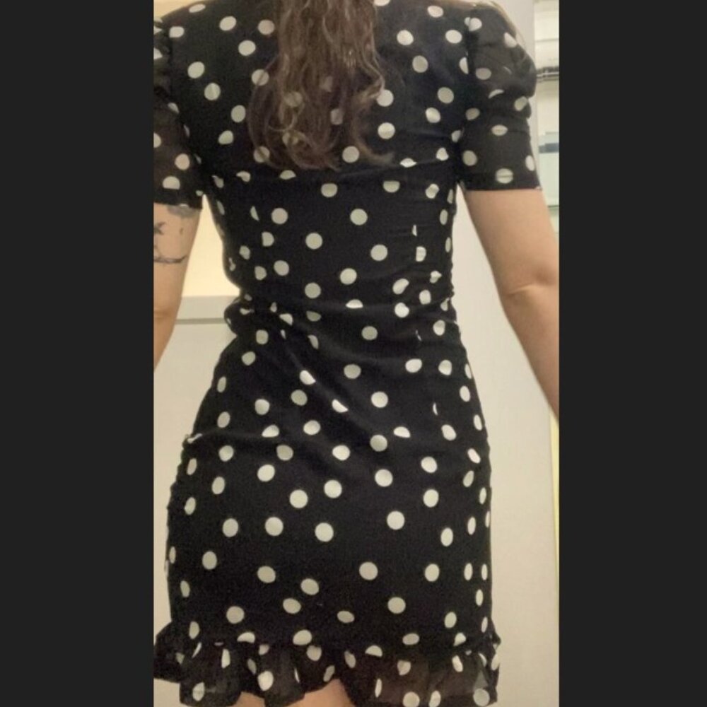 Black Polka Dot Ruched Mini Dress with Ruffle Hem - Picture 2 of 2